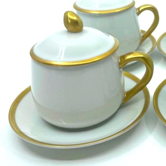 FITZ FLOYD 4 White Gold Espresso Demitasse Custard Desert Cups Lids Saucers RARE - Picture 8 of 8